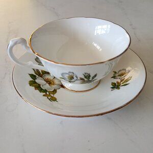 Dogwood Flowers Victoria Fine Bone China England Cup and Saucer Gold Trim
